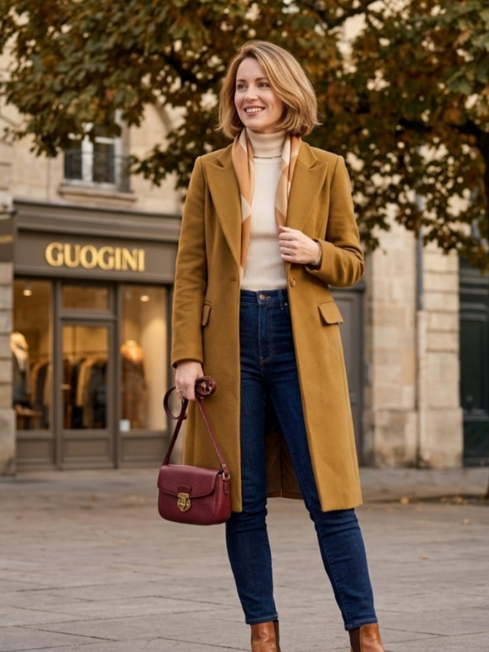 Wool-Blend Long Coat in Mustard - Women's Tailored Overcoat